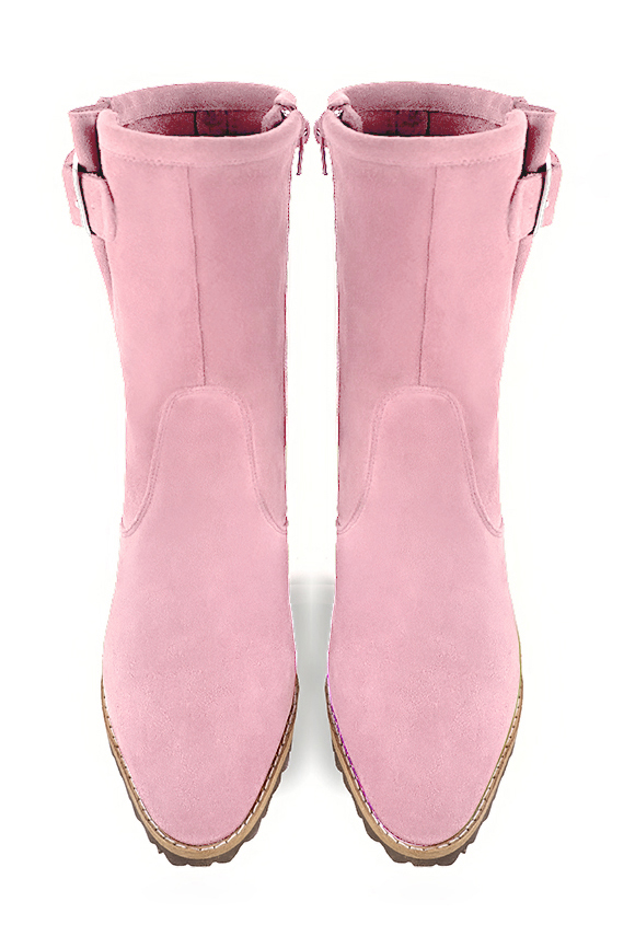 Carnation pink women's ankle boots with buckles on the sides. Round toe. Medium block heels. Top view - Florence KOOIJMAN